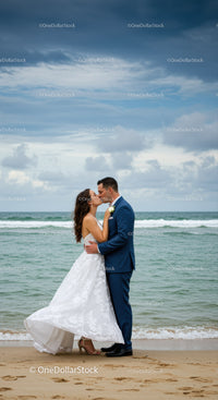 Wedding couple sharing a tender kiss on the beach