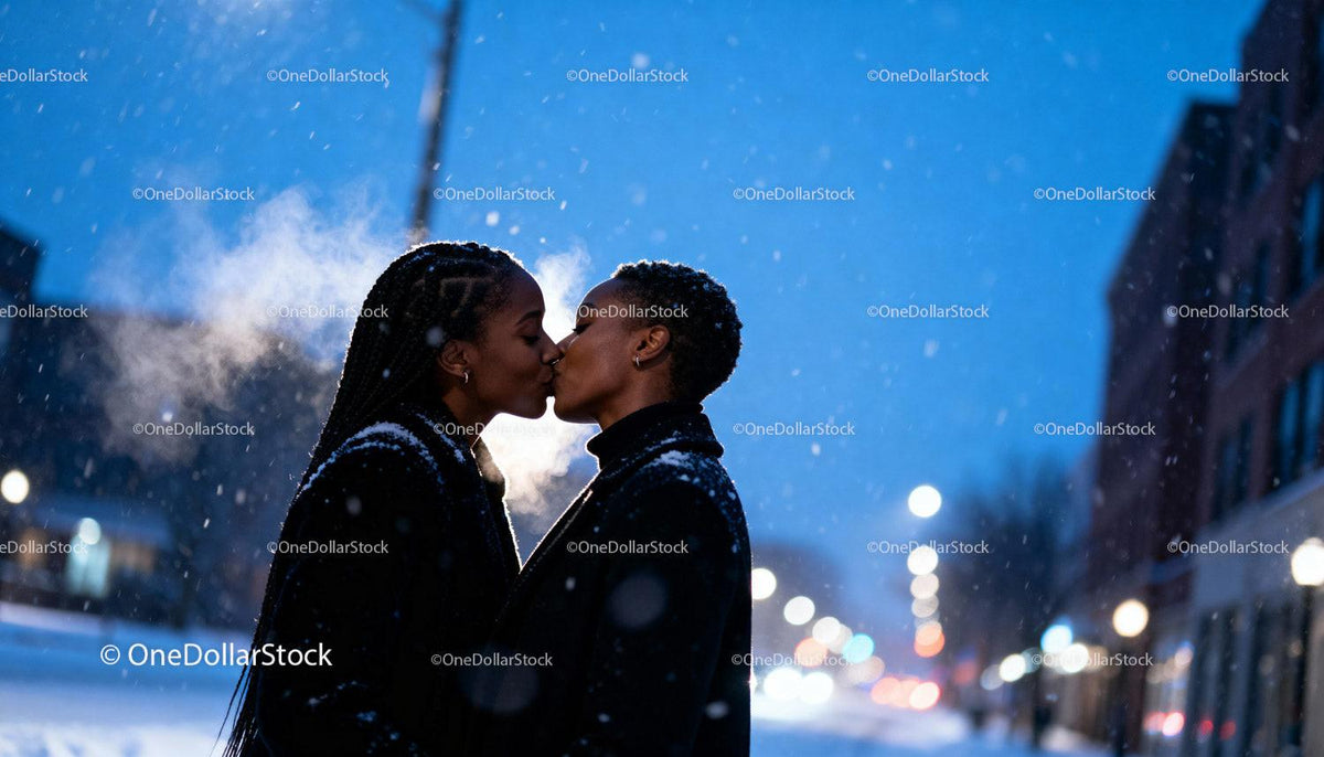 Couple Sharing a Tender Winter Kiss at Dusk
