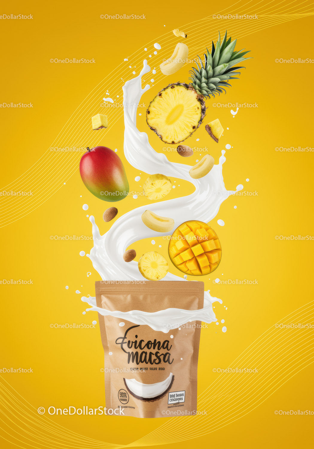 Tropical fruit smoothie mix with creamy splash on yellow