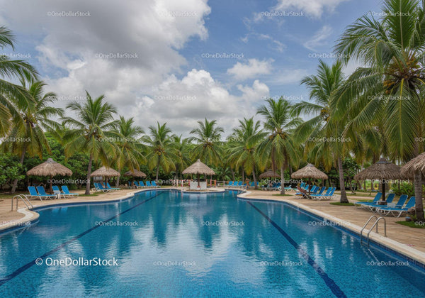 Tropical Resort Swimming Pool with Palm Trees and Lounge Chairs
