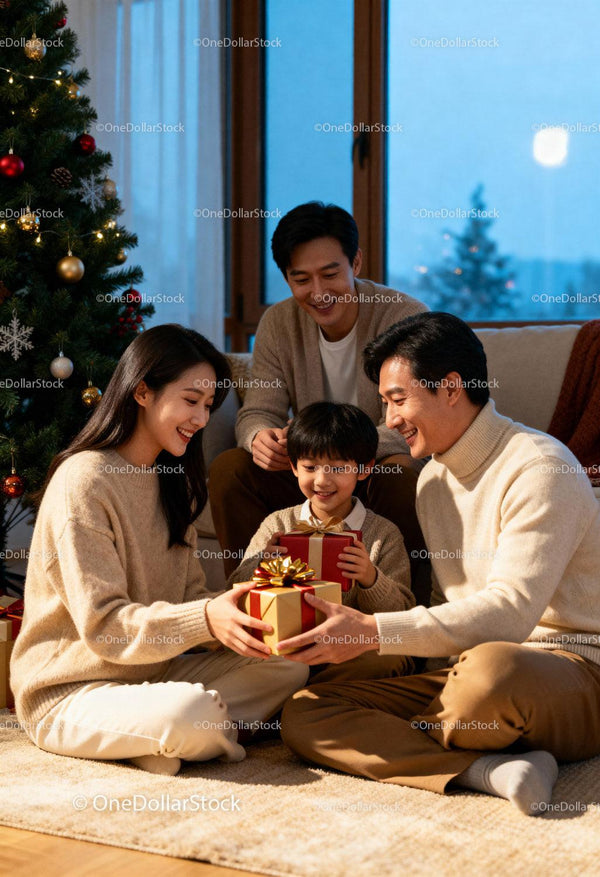 Family Sharing Christmas Gifts by Decorated Tree at Home