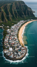 Beachside Town with Mountain Cliffs and Turquoise Ocean