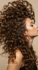 Profile of woman with voluminous curly brown hair