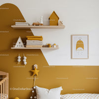 Cozy Kids Room with Yellow Accent Wall and Decorative Shelves