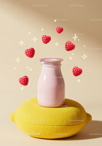 Strawberry yogurt bottle on lemon with heart raspberries