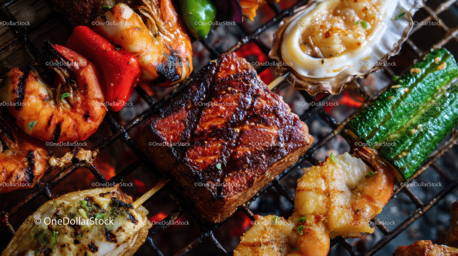Seafood Skewers and Grilled Shellfish at Outdoor Barbecue