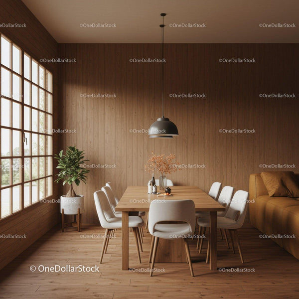 Elegant Modern Dining Room with Wooden Walls and Large Window