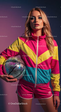 Vibrant Young Woman in Colorful Sportswear Holding Disco Ball