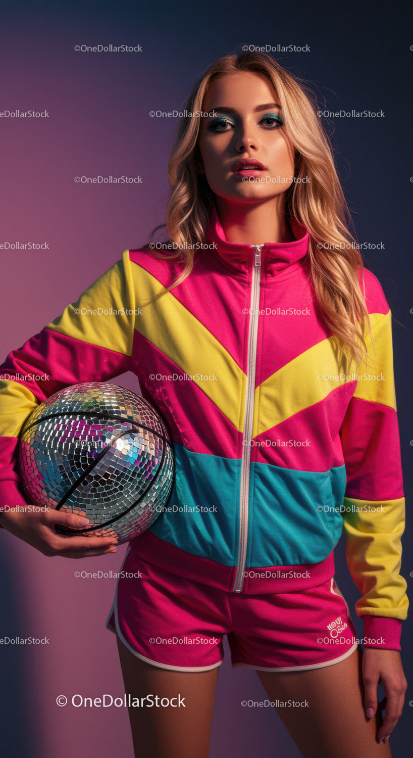 Vibrant Young Woman in Colorful Sportswear Holding Disco Ball