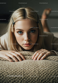 Close-Up Portrait of a Young Woman with Blue Eyes in Cozy Indoor Setting