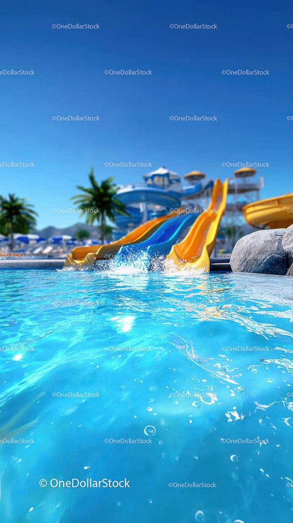 Colorful Water Slides at a Tropical Pool Resort Under Blue Sky