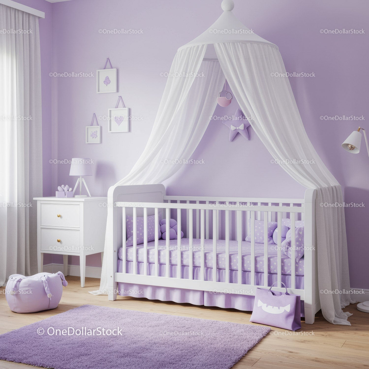 Lavender Nursery with Canopy Bed and Plush Toys for a Cozy Baby Room