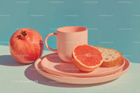 Fresh Grapefruit and Pomegranate with Pink Mug on Pastel Background