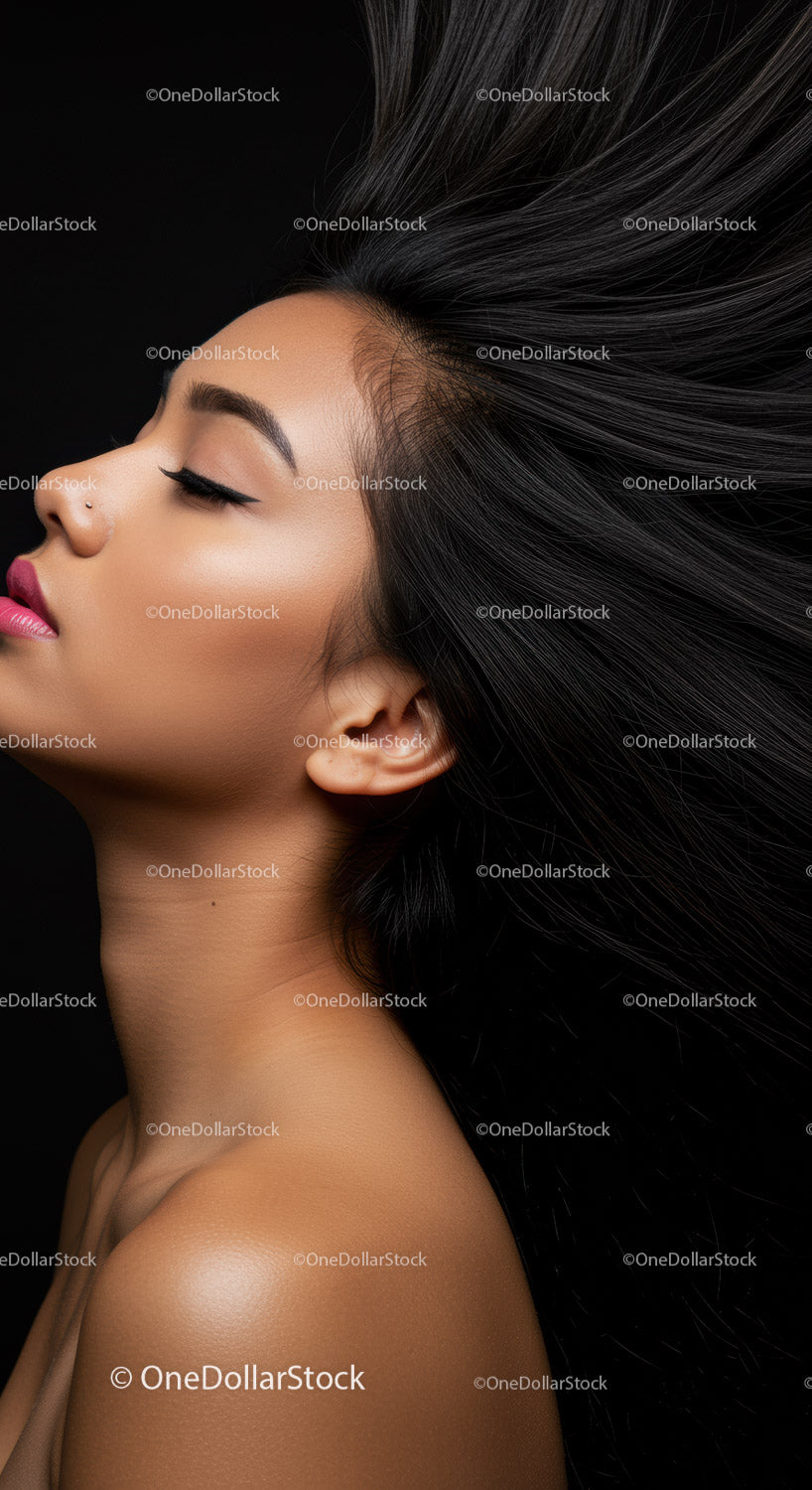 Profile of serene woman with flowing black hair