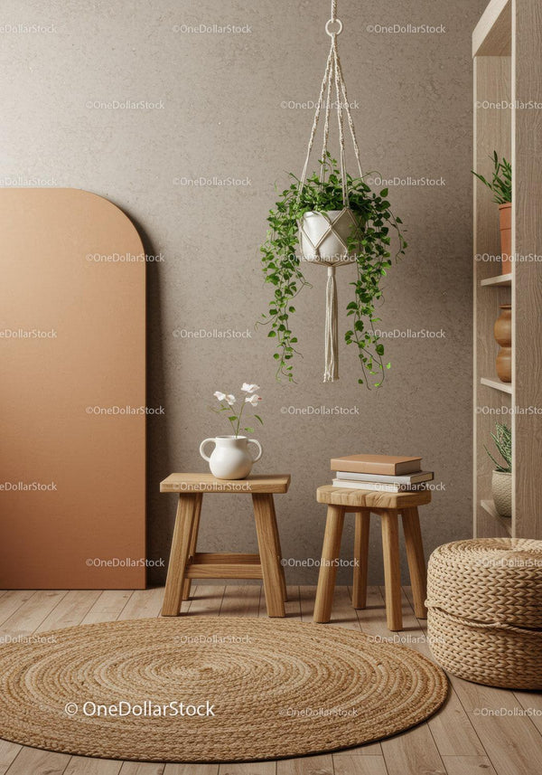 Nowoczesne wnętrze boho z wiszącą rośliną i drewnianymi stołkami