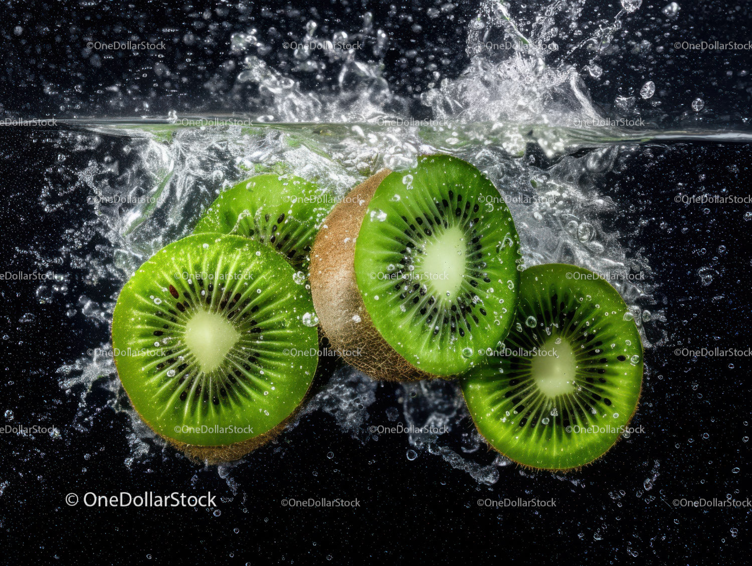 Fresh Sliced Kiwi Fruit Splashing in Water for Refreshing Visual