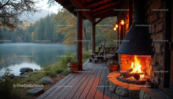 Cozy Mountain Lake Cabin Porch with Fireplace and Autumn Landscape