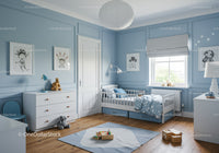 Charming Blue Nursery Room with Playful Decor and Natural Light