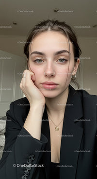 Young woman with piercing gaze in casual indoor setting