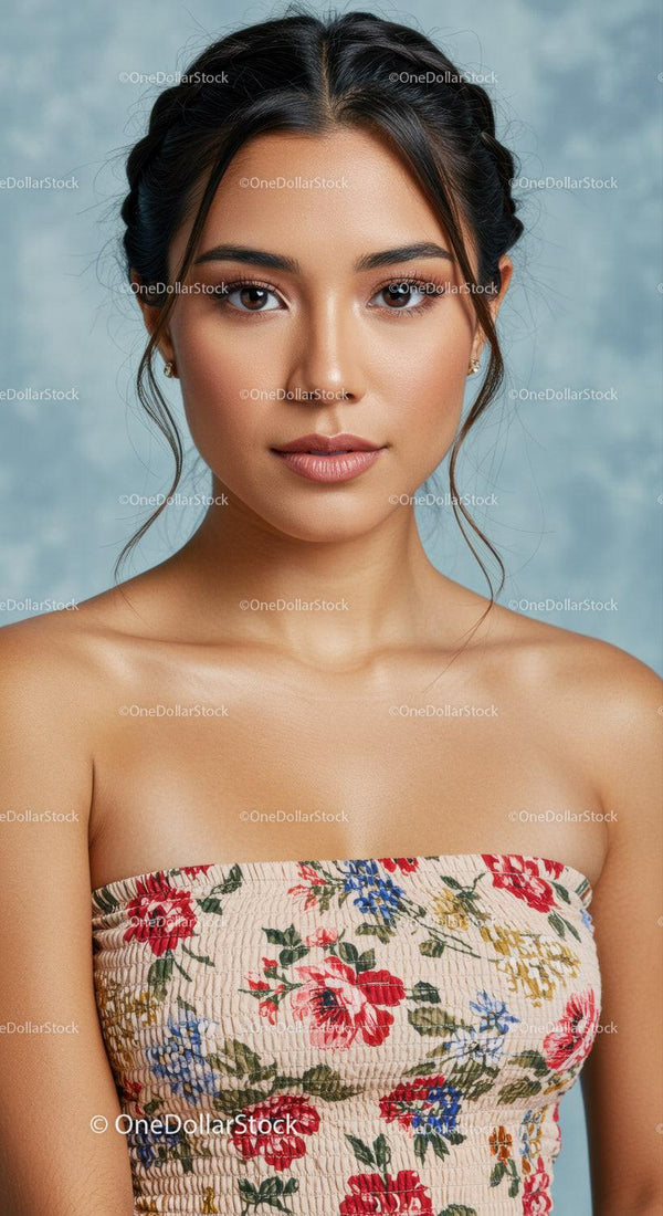 Elegant Young Woman with Floral Dress and Braided Hair