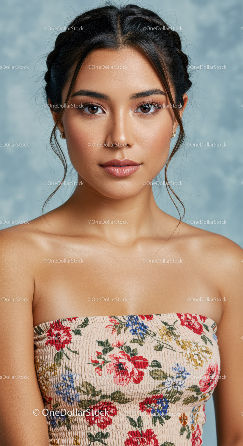 Elegant Young Woman with Floral Dress and Braided Hair