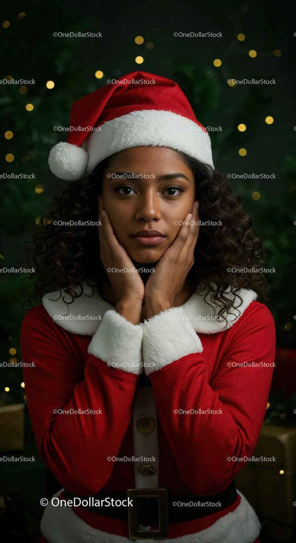 Thoughtful woman in Santa outfit with holiday lights