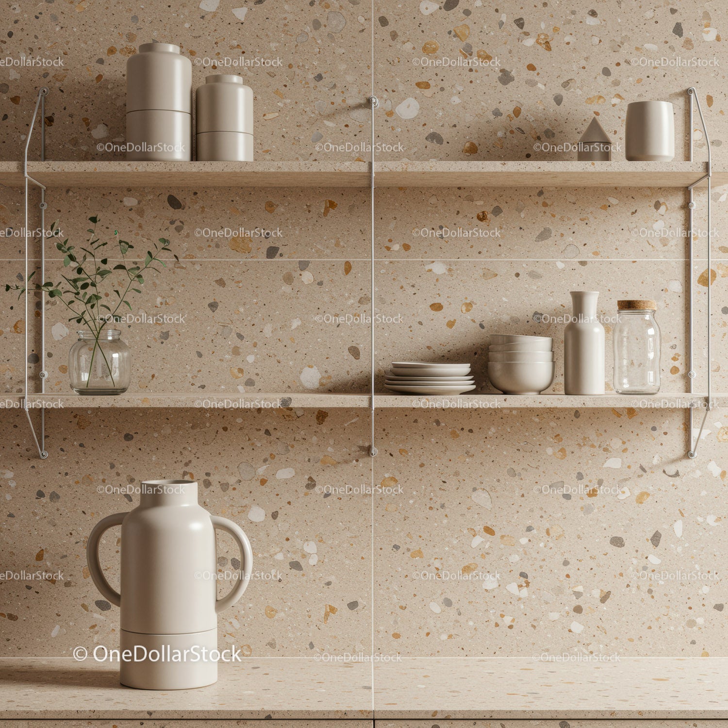 Elegant White Ceramic Kitchen Shelf with Glass Jars and Green Plant