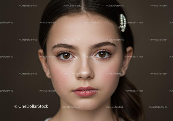 Elegancki portret młodej dziewczyny z brązowymi oczami i perłową spinką do włosów