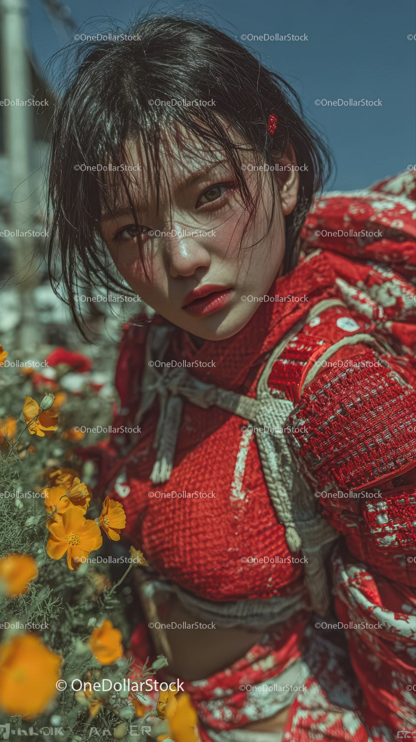 Vibrant Young Woman in Red Patterned Jacket Among Yellow Flowers Outdoors