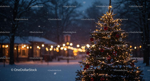 Snowy Evening with Decorated Christmas Tree Outdoors