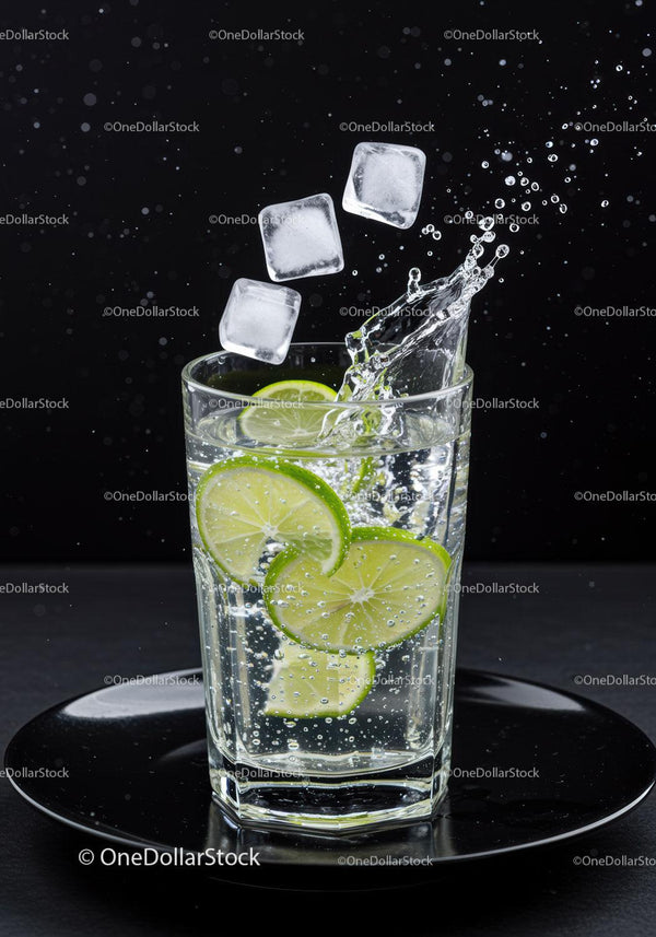 Refreshing sparkling water with lime and ice cubes splash