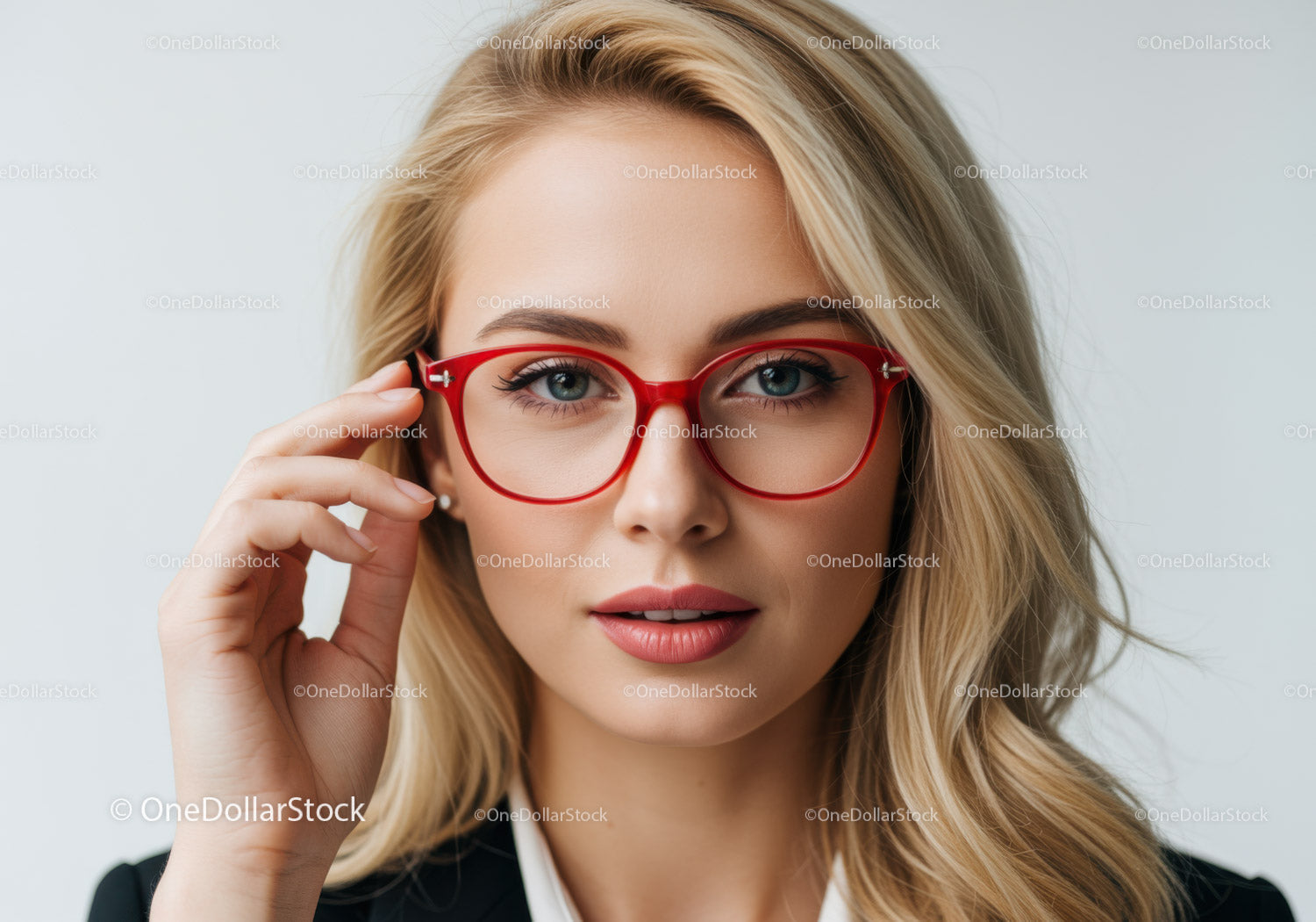 Elegancka kobieta o blond włosach w czerwonych okularach na portrecie studyjnym