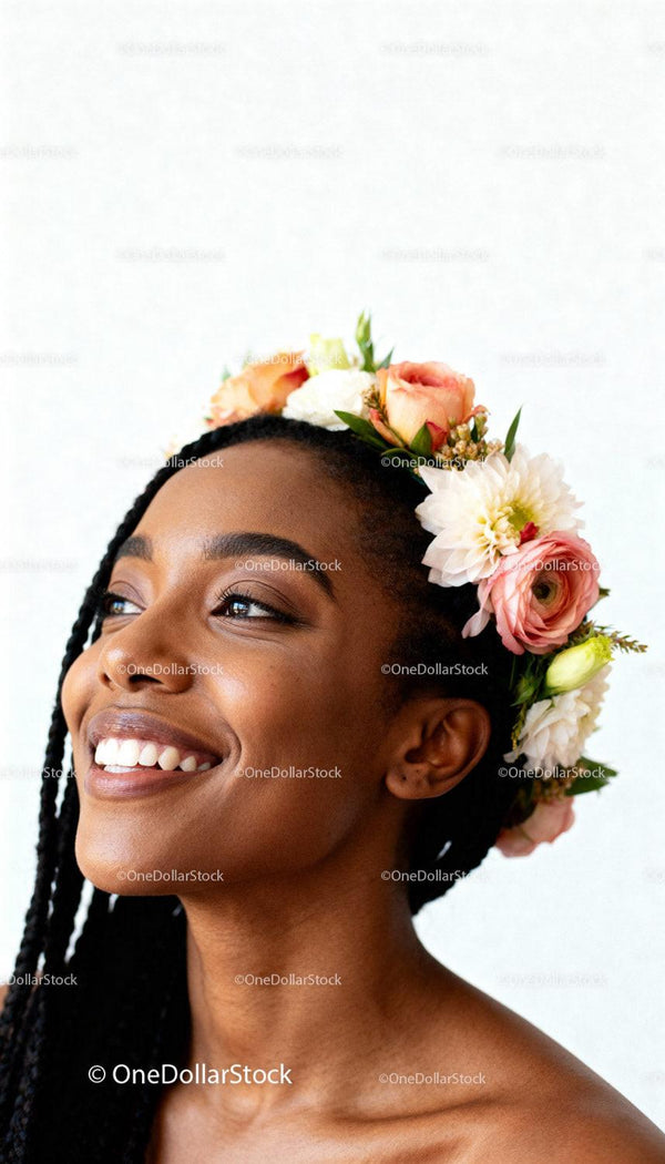 Smiling woman wearing vibrant floral crown looking away