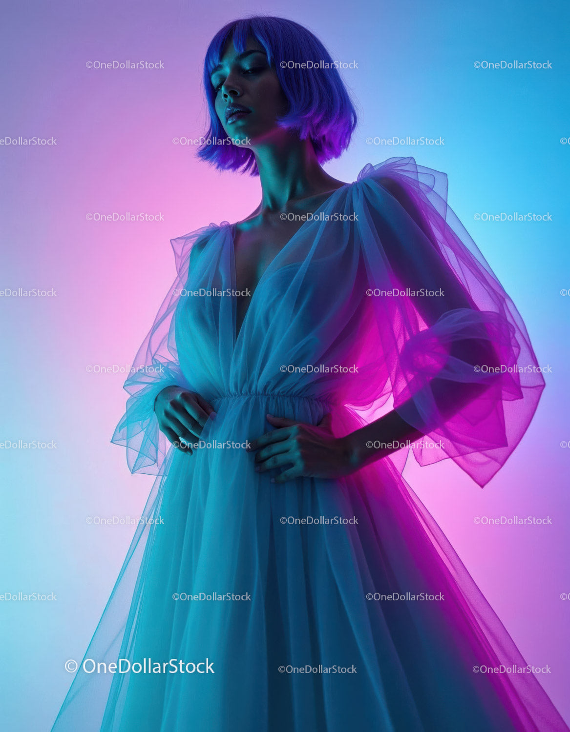 Vibrant Fashion Model in Colorful Modern Dress with Artistic Lighting