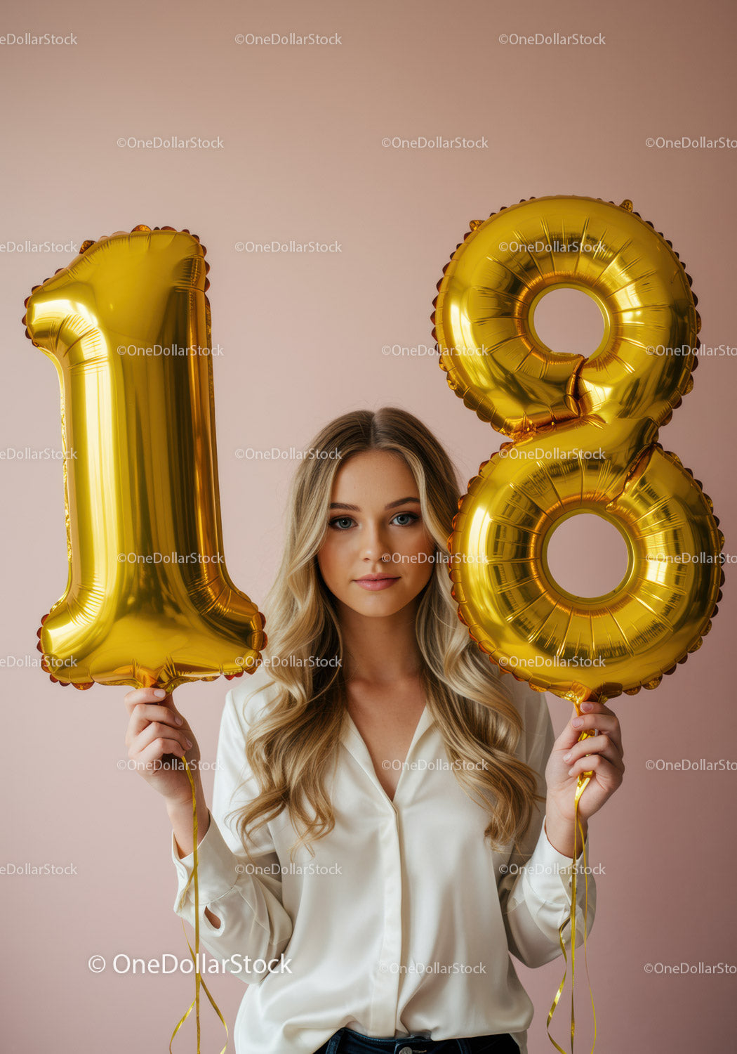 Young woman holding golden 18th birthday balloons
