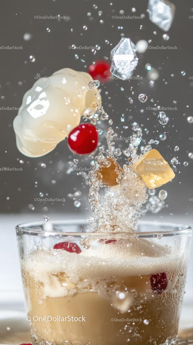Splashing Iced Beverage with Red Berries and Ice Cubes