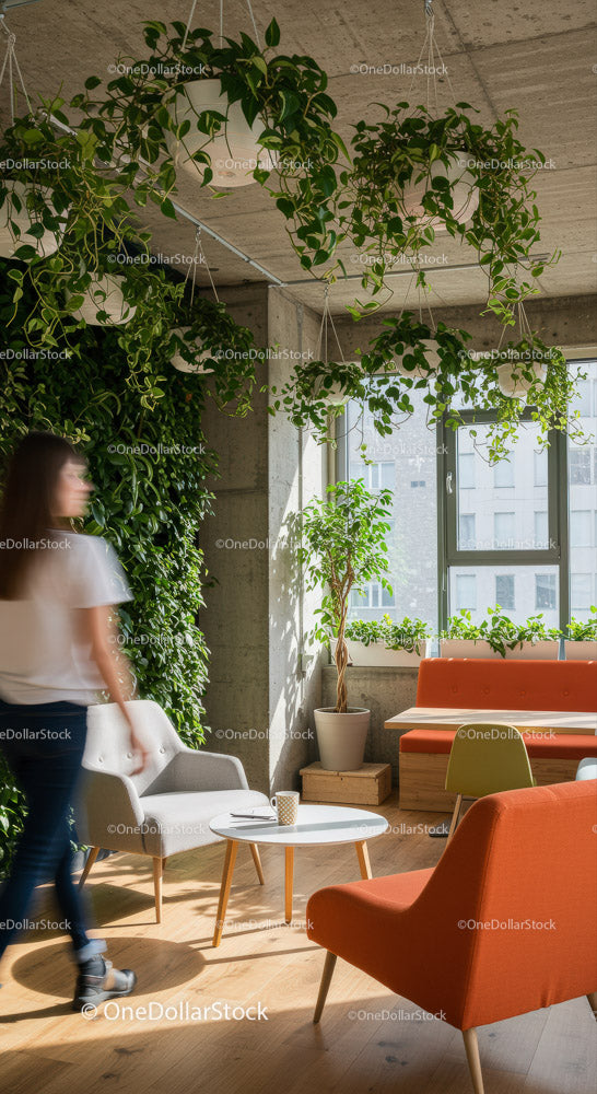Stylish Office Space with Lush Greenery and Vibrant Lockers