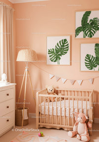 Tropical Monstera Wall Art in Pink Nursery Baby Girl Room Decor