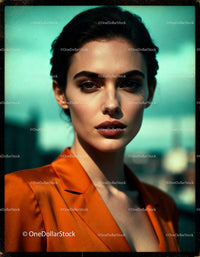 Confident woman in orange blazer under soft sunlight