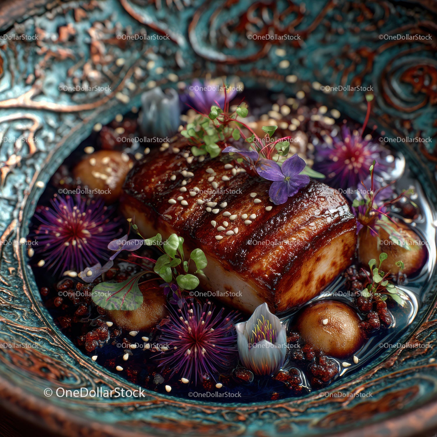 Gourmet Glazed Pork Belly with Edible Flowers and Microgreens