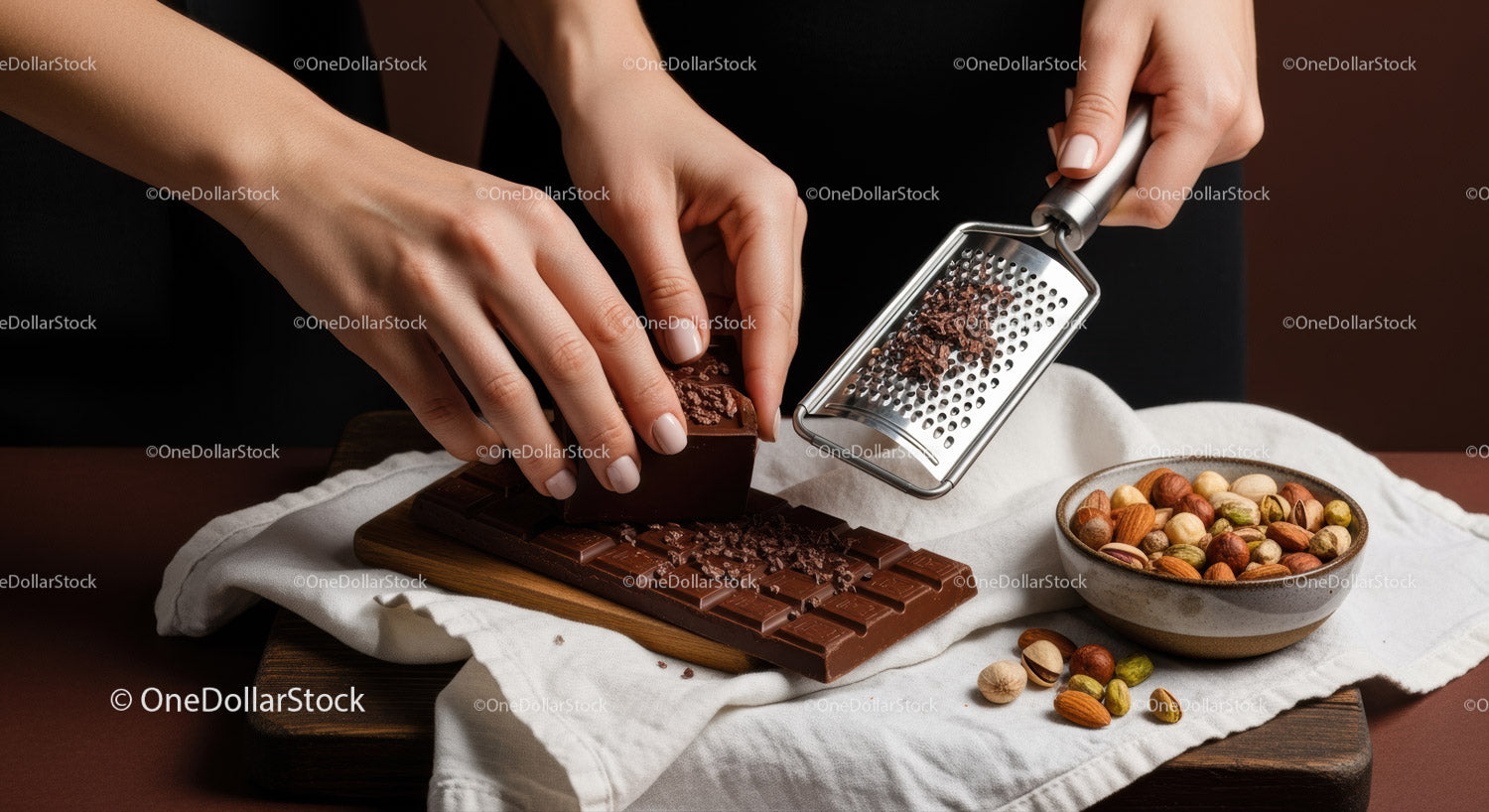 Kobieta ścierająca gorzką czekoladę z orzechami w scenie gourmet
