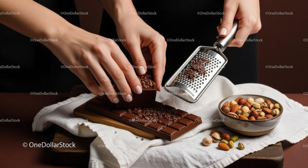 Woman Grating Dark Chocolate with Nuts in a Gourmet Food Scene