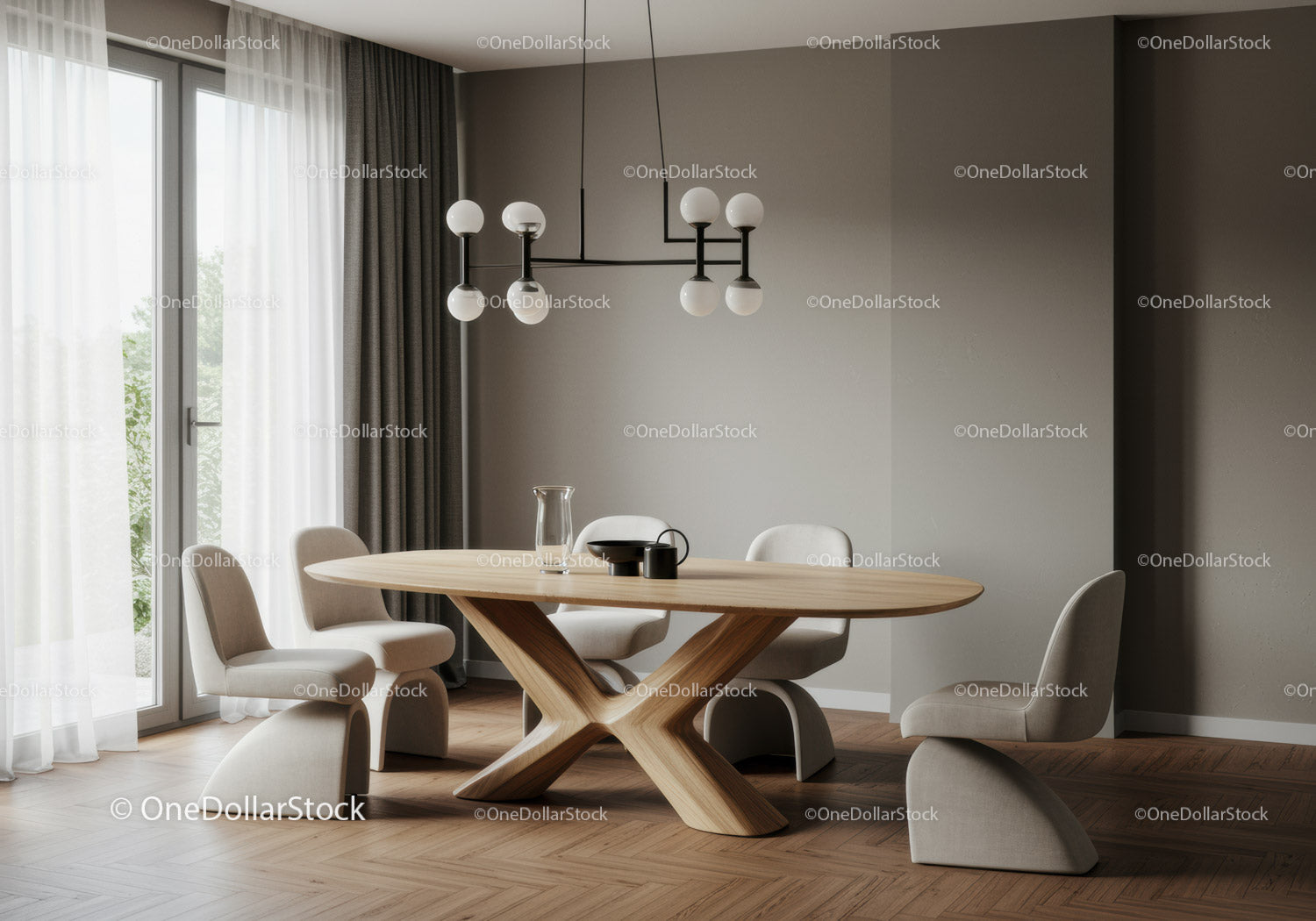 Contemporary Dining Room with Wooden Table and Stylish Lighting