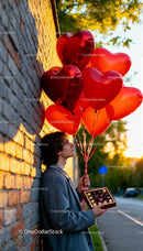 Young man holding heart balloons and chocolates outdoors