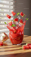Refreshing watermelon splash with ice cubes and mint leaves