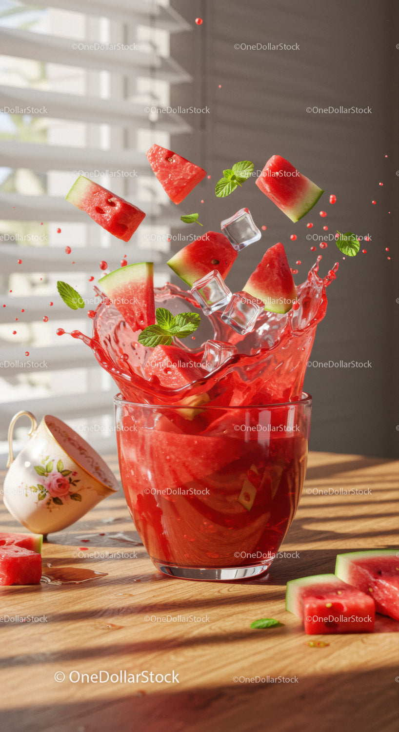Refreshing watermelon splash with ice cubes and mint leaves