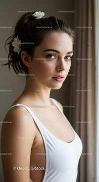 Young Woman with Flowers in Hair and Soft Natural Light