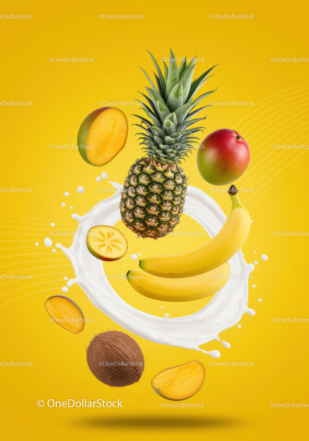 Fresh tropical fruits surrounded by splash on yellow