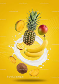 Fresh tropical fruits surrounded by splash on yellow