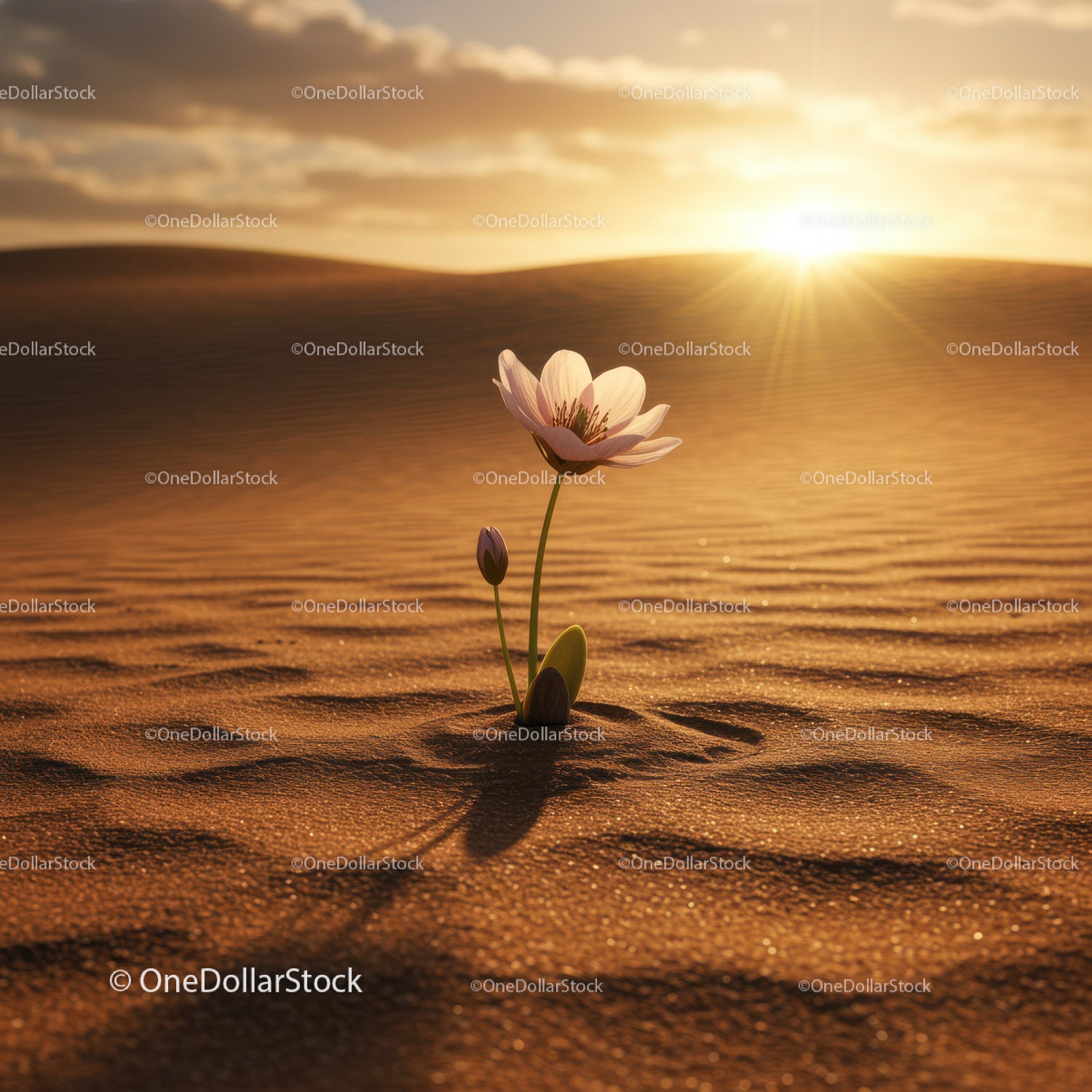 Delicate flower blooming alone on sunlit desert sand